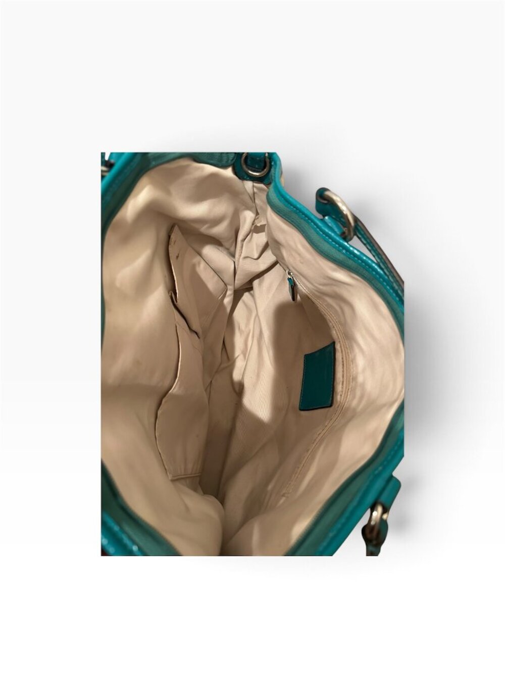 COACH Signature Stripe Zip Top Tote Khaki and Teal Canvas Bag F21899 Y2K - Picture 4 of 6